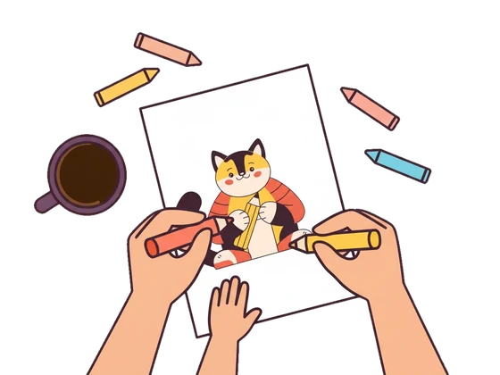 An adult's hands and a small hand coloring the same page, a coffee cup beside them
