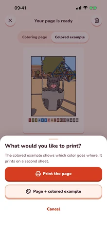 The print sheet, offering the page alone or with its colored example