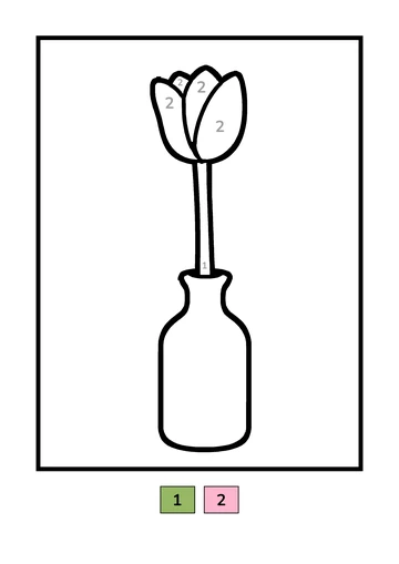 A 0–2 coloring page of a tulip in a vase, with two large numbered areas